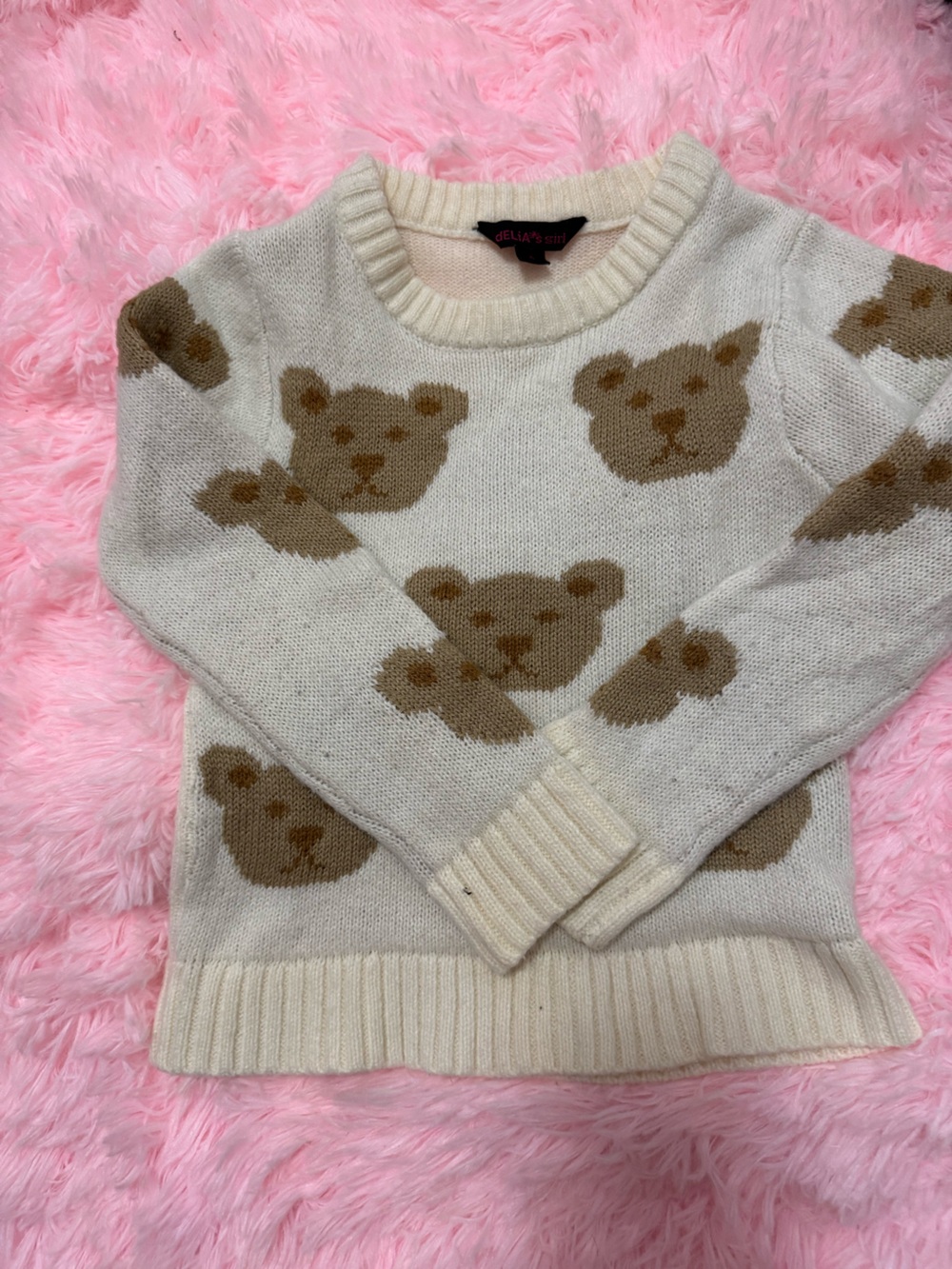 dELiA*s Cream Sweater with Tan Teddy Bear Motif